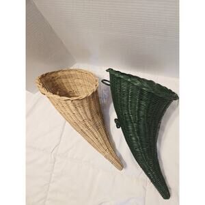 Vtg Set Of 2 Cornucopia Green And Brown Large Farmhouse Decoe Holiday Decor